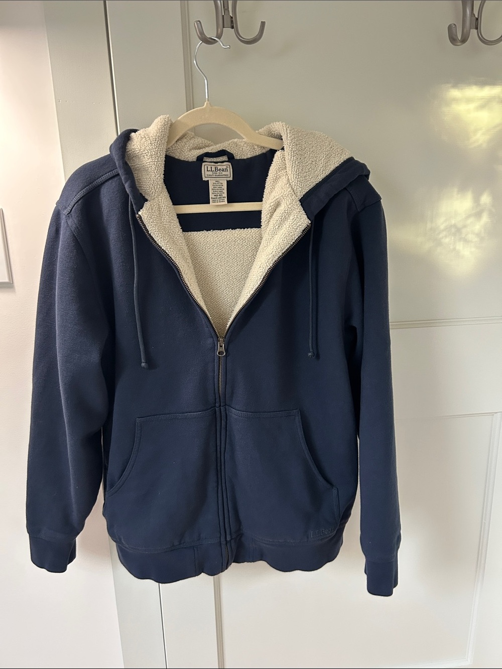 L.L. Bean Navy Blue Hooded Zip Jacket with Cream Sherpa Lining